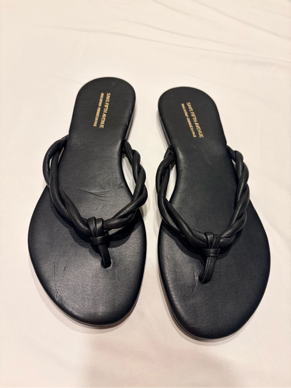 Saks Fifth Avenue LEATHER Black Braided Strap Flip Flop Sandals Size 10
